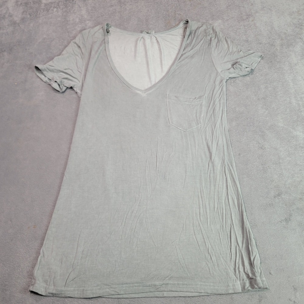 POL T-Shirt Womens S Green YES80 VNeck Pocket Short Sleeve Rayon Blend Basic Tee